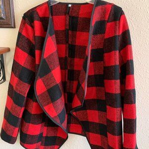 Women's size Large Red Black Plaid Wrap Front Cardigan Jacket